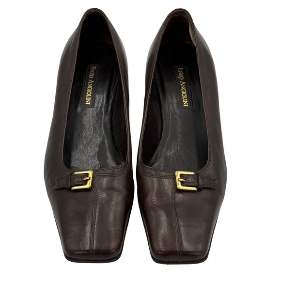 Vintage 90s Enzo Angiolini Brown Leather Square Toe Heel Pumps Y2K - Picture 1 of 9